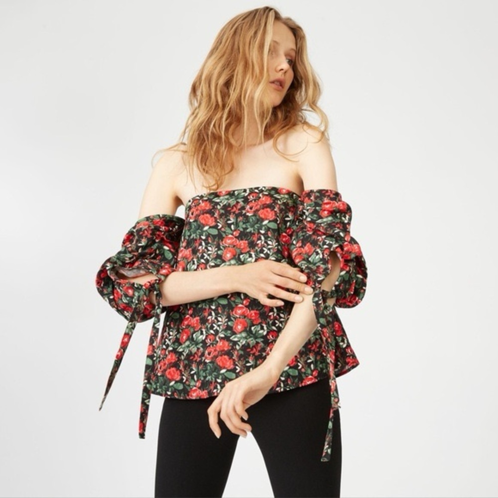Club Monaco Red and Black Puff Sleeve Off-the-Shoulder Blouse